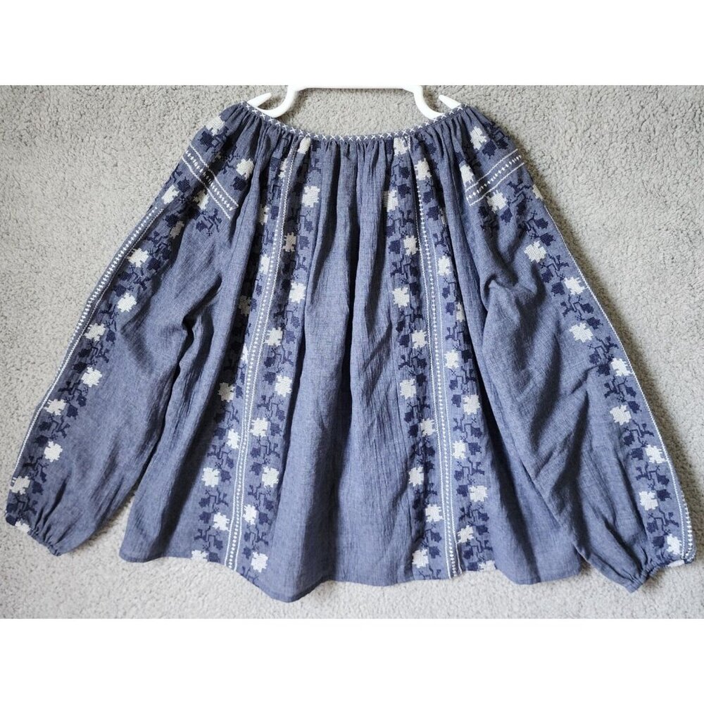 Hazel Women's Long Balloon Sleeve Tie V Neck Oversized Top Embroidered Blue Sz M - Picture 14 of 15